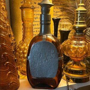 Vintage Queen's Art Amber Glass & Pewter Scotch Decanter